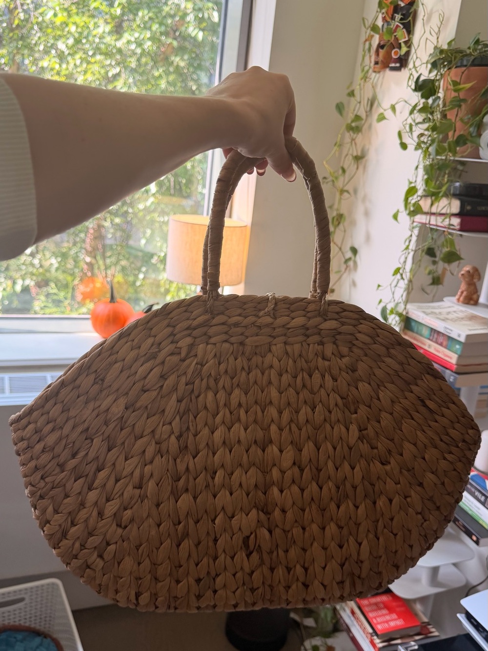 Japanese Woven Round Straw Tote Bag - Natural Tan - Picture 2 of 5